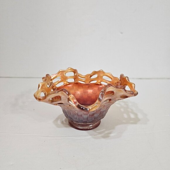 Fenton Carnival Glass Pink Marigold Reticulated Candy Bowl (Basket Weave) - Picture 3 of 6
